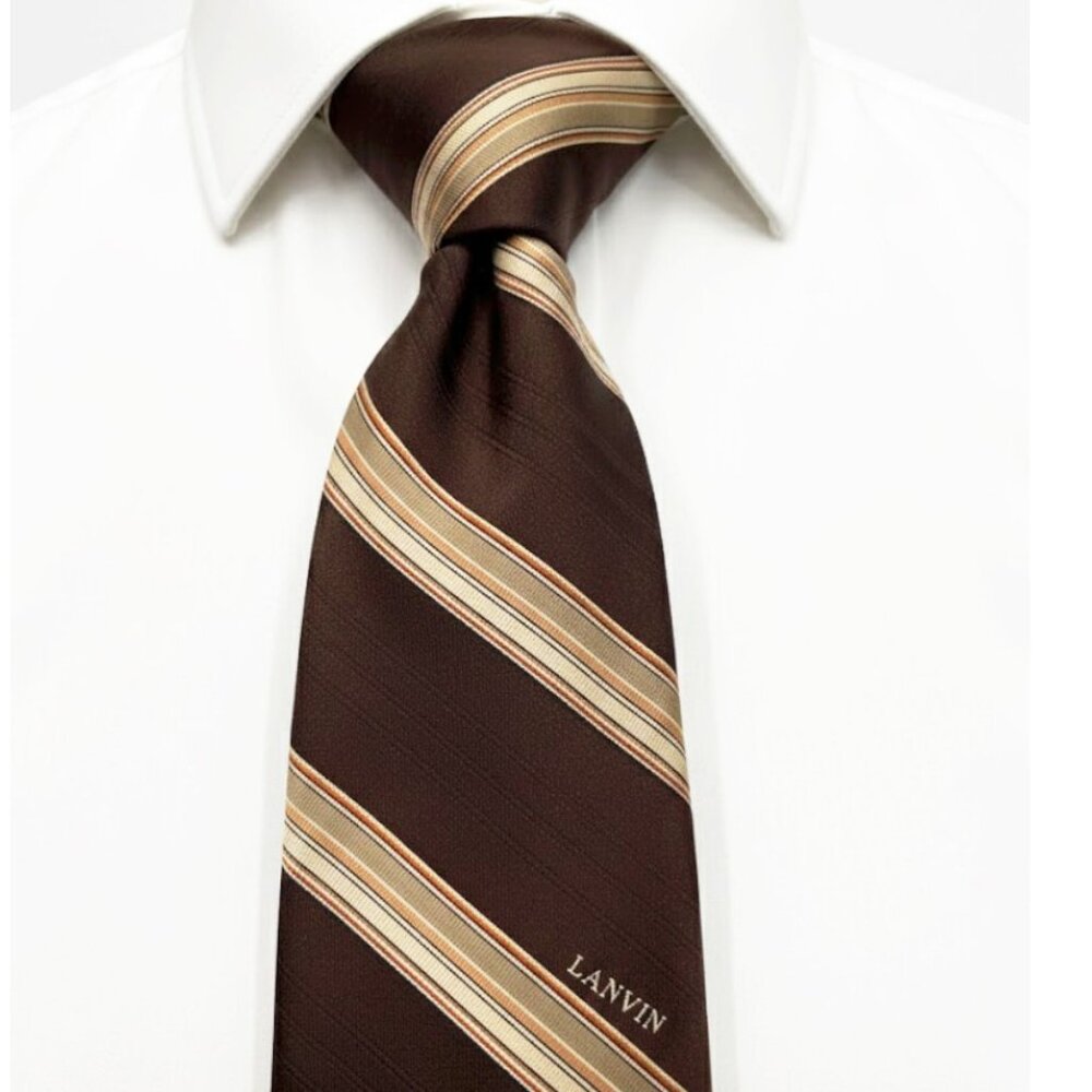 Lanvin Tie Brown Beige Striped Vintage Designer Paris Retro Classic Polyester